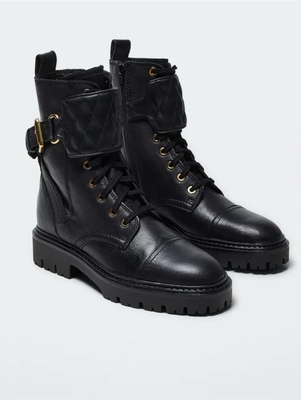 Mango Black Quilted Ankle Combat Boots with Buckle Detail LUG SOLE MNG